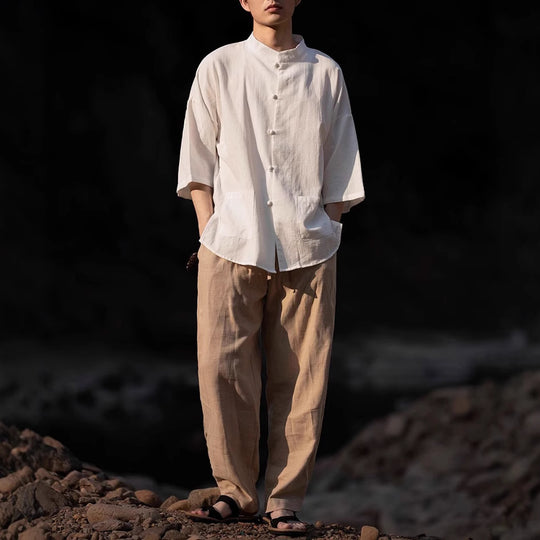 Herren Oversize Hemd im Kimono-Stil aus Leinen-Baumwollmix mit Stehkragen Shop Nory