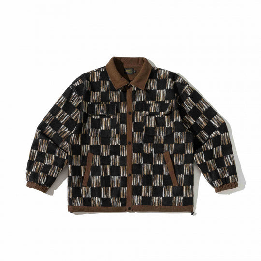 Unisex Kastenförmige Overshirt-Jacke mit Cordkragen, geometrischem Jacquardmuster und Pattentaschen Shop Nory