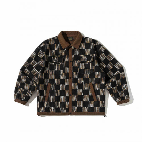 Unisex Kastenförmige Overshirt-Jacke mit Cordkragen, geometrischem Jacquardmuster und Pattentaschen Shop Nory