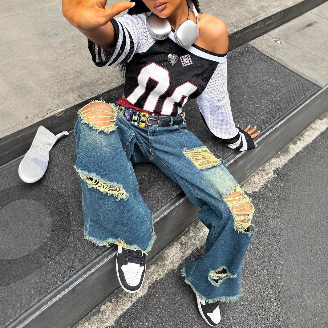 Damen weite Destroyed-Baggy-Jeans mit großflächigen Fransenrissen und relaxed Fit Shop Nory