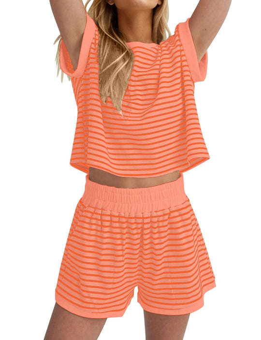 Damen Lässiges gestreiftes Set aus lockerer Oberteil und Shorts