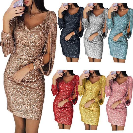 Damen Glitzerndes Cocktailkleid mit schimmernden Ärmeln