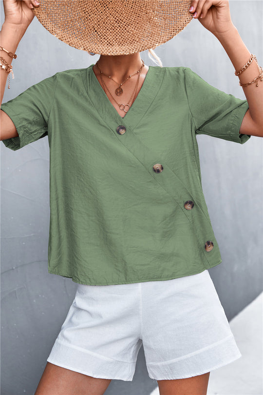 Damen lässige Bluse mit Wickeloptik und Knopfdetails