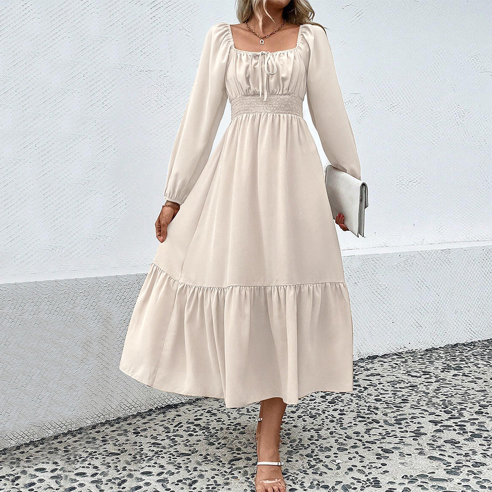 Damen gerafftes Midikleid mit Smok-Taillenbund, eckigem Ausschnitt, langen Puffärmeln und stufigem Volantrock Shop Nory