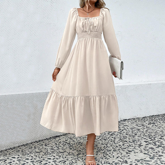 Damen gerafftes Midikleid mit Smok-Taillenbund, eckigem Ausschnitt, langen Puffärmeln und stufigem Volantrock Shop Nory