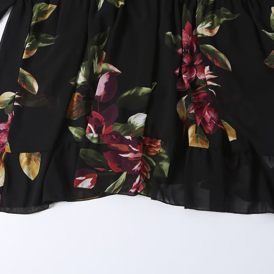 Damen Maxikleid mit Blumenprint, Stufenrock und Volantärmeln Shop Nory