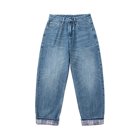 Damen High‑Waist Relaxed‑Fit Jeans mit weitem Bein, umgeschlagenem Saum und karierter Innenfutter Shop Nory