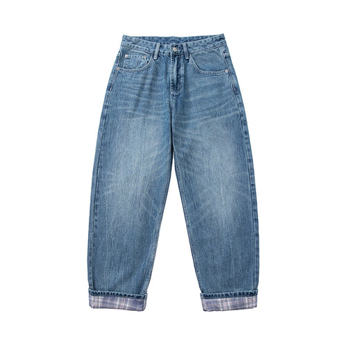 Damen High‑Waist Relaxed‑Fit Jeans mit weitem Bein, umgeschlagenem Saum und karierter Innenfutter Shop Nory