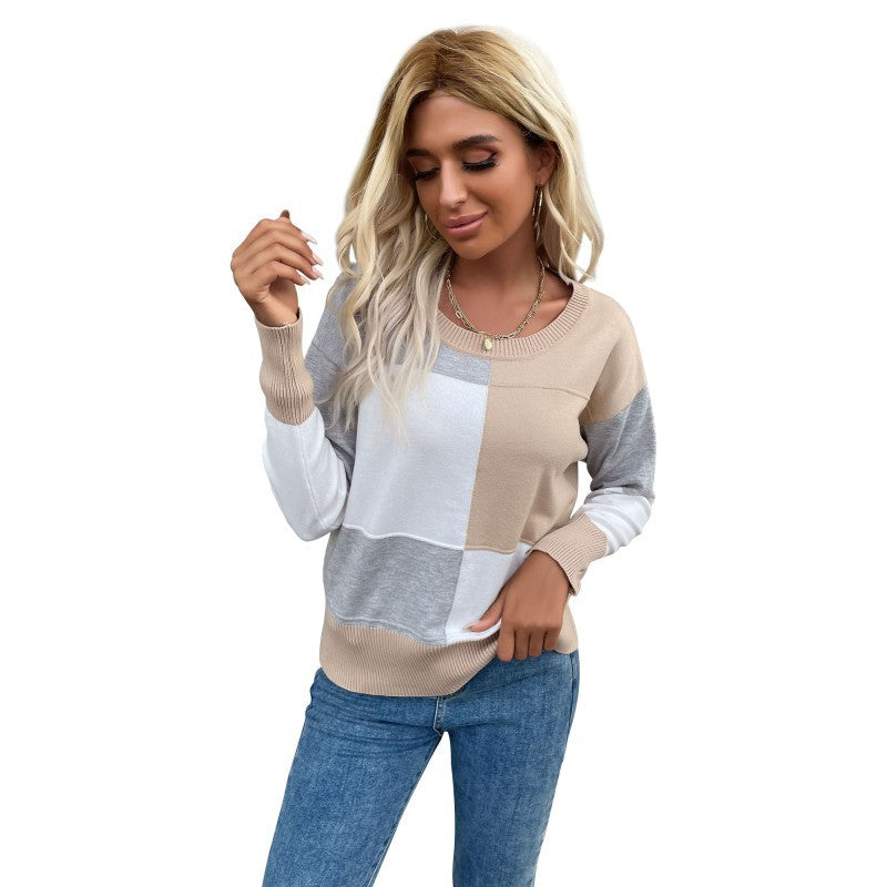 Damen Patchwork-Strickpullover mit kontrastierenden Feldern, Rundhalsausschnitt und gerippten Abschlüssen Shop Nory