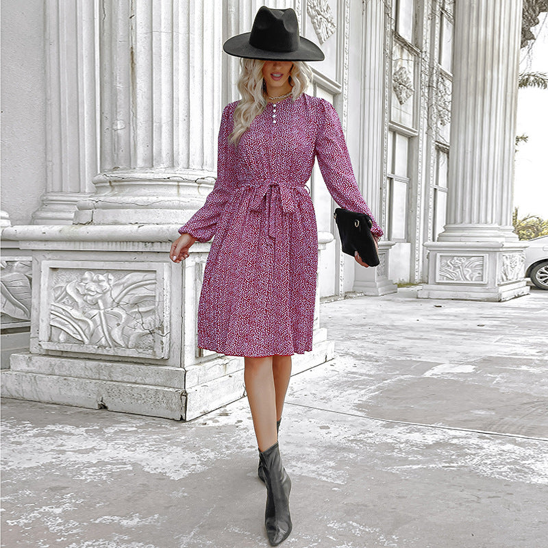 Damen Midikleid mit Stehkragen, Taillenband und langen Ärmeln Shop Nory