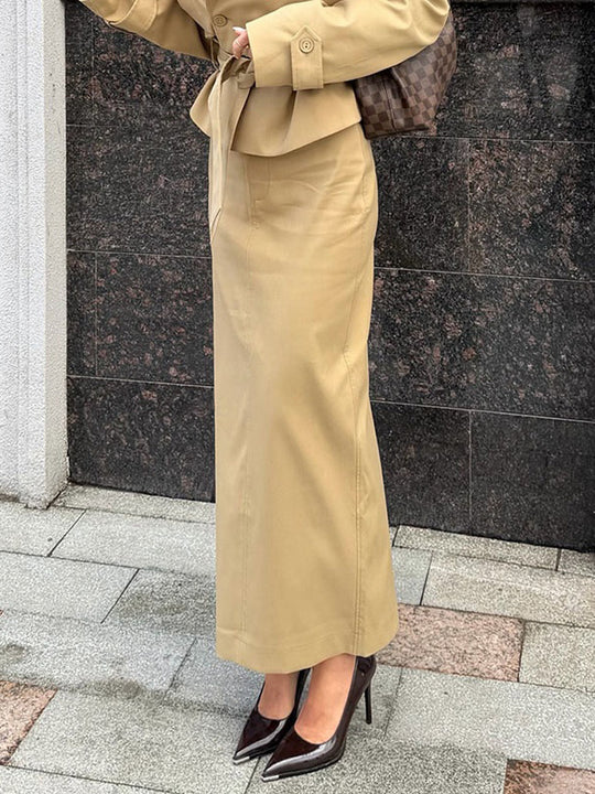 Damen Tailliertes Trench-Set mit Schößchen, Bindegürtel & Bleistiftrock Shop Nory