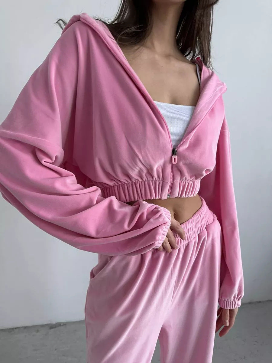 Damen Cropped Samt-Loungewear-Set mit kurzem Reißverschluss, elastischem Taillenbund und weiter Jogginghose Shop Nory