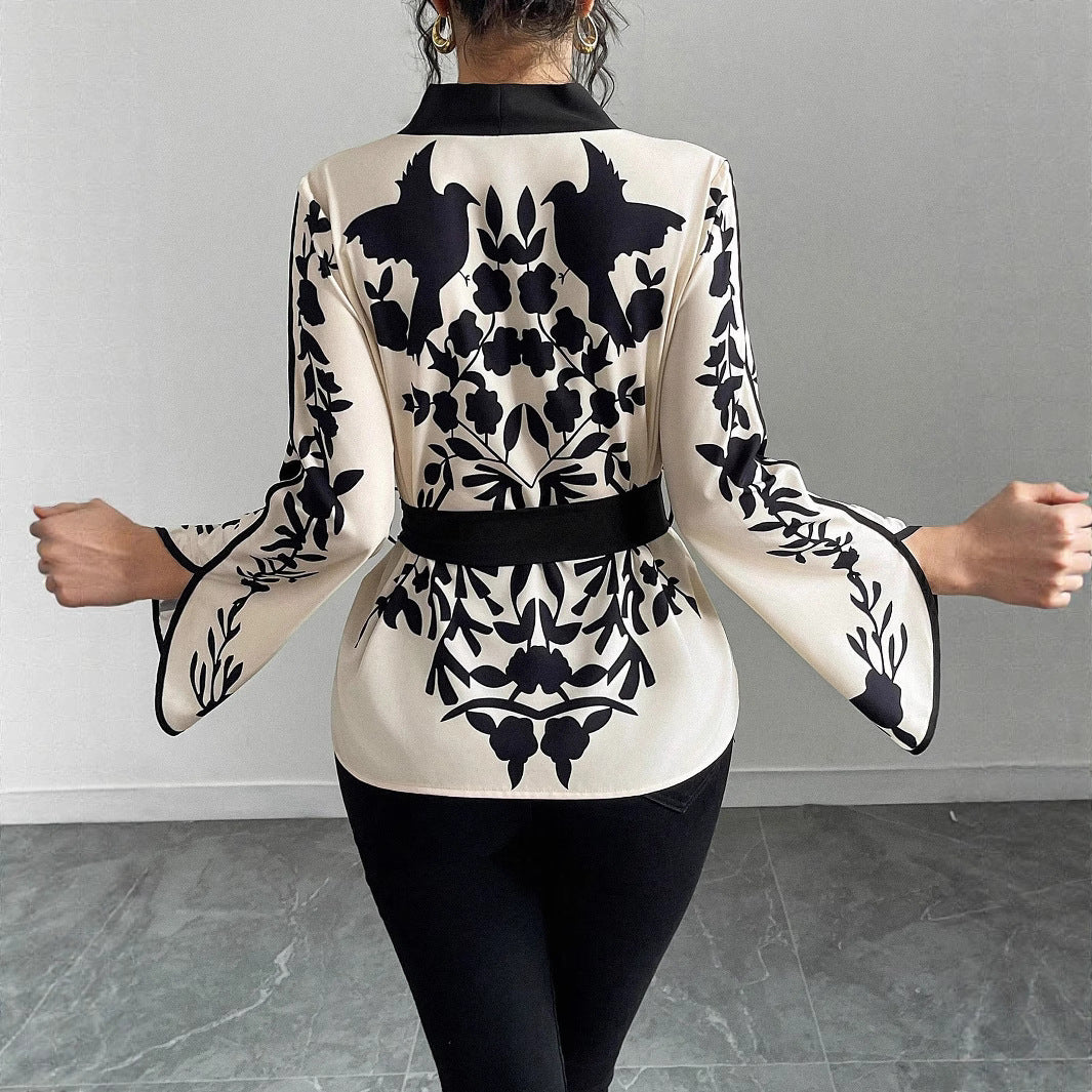 Damen Kimono-Bluse mit floralem Druck, V-Ausschnitt und Taillenbindegürtel Shop Nory