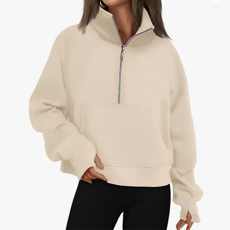 Damen nan kurzer Halfzip-Sweater mit hohem Stehkragen, Kängurutasche und verlängerten Daumenlöchern Shop Nory