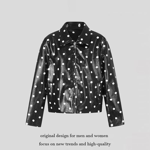 Damen Kurz geschnittene Lack‑Optik Jacke mit Polka‑Dot und Hemdkragen Shop Nory