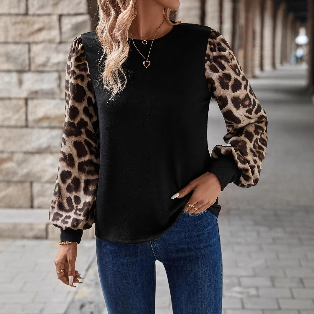 Damen Sweatshirt mit Chiffon-Ballonärmeln und Leo-Print Shop Nory