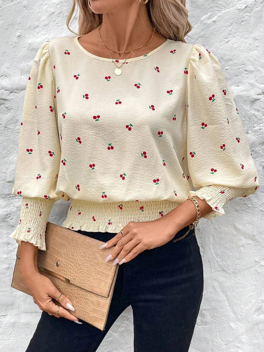 Damen Leichte Feinstruktur-Bluse mit Ballonärmeln, Smockbündchen und Rundhals Shop Nory