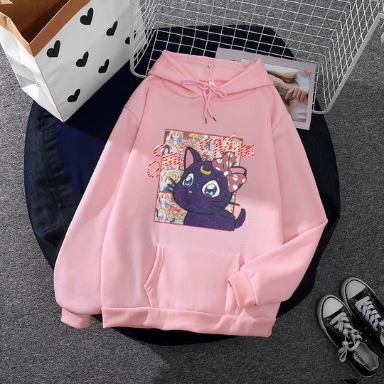 Damen nan Oversize-Kapuzenpullover mit glitzerndem Anime-Katzen-Motiv, Kängurutasche und weichem Fleece-Innenfutter Shop Nory