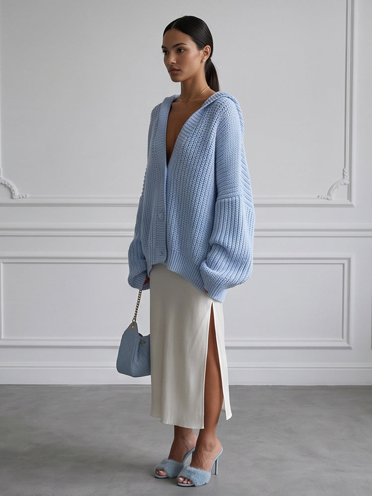 Damen Oversized Kapuzen-Strickcardigan mit Ballonärmeln und Knopfleiste Shop Nory