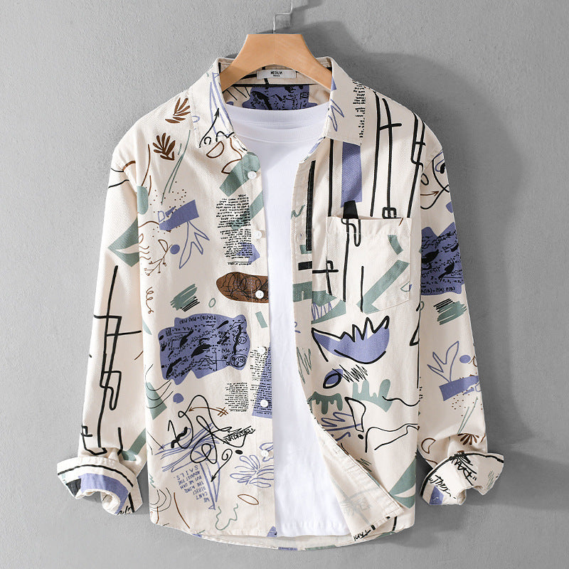 Herren Lockeres Hemdjacken-Overshirt mit abstraktem Skizzenprint, Brusttasche und weichem Baumwollgriff Shop Nory