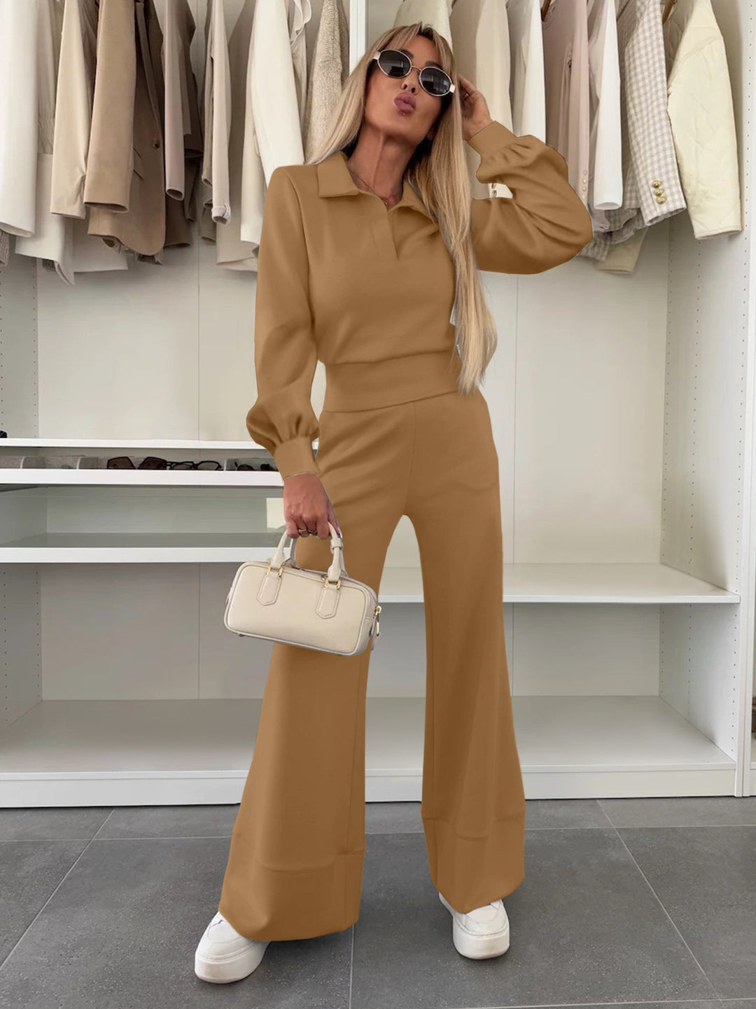Damen Zweiteiliges Lounge-Set mit Polokragen und taillenhoher Palazzohose Shop Nory