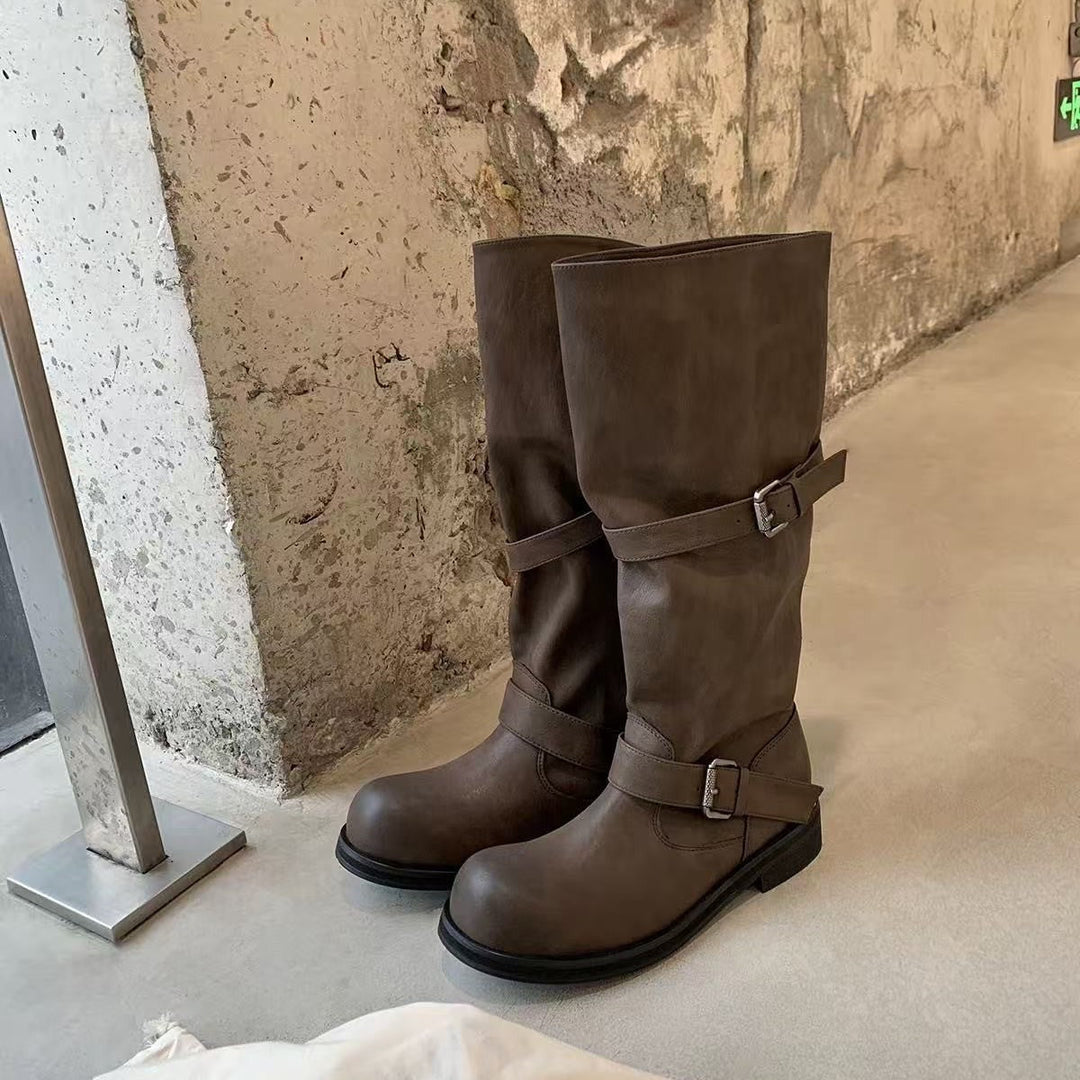Damen modische kniehohe Stiefel mit dekorativen Riemen und robustem Blockabsatz Shopnory