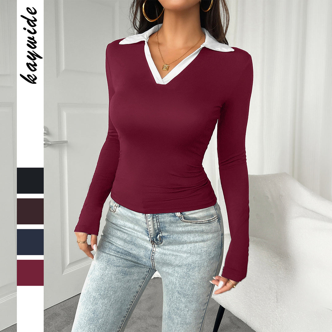 Damen nan tailliertes Longsleeve mit kontrastpolokragen und tiefem V-Ausschnitt Shop Nory