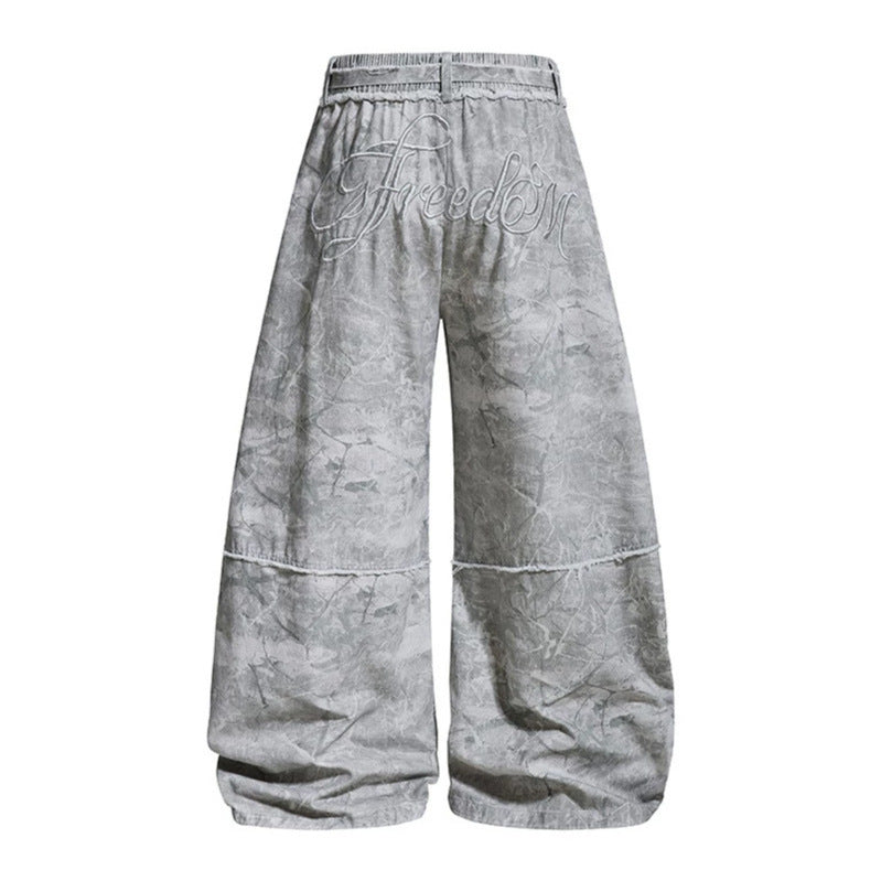 Damen weite Balloon-Jeanshose mit elastischem Bund, langen Zierbändern und Batik-Optik Shop Nory