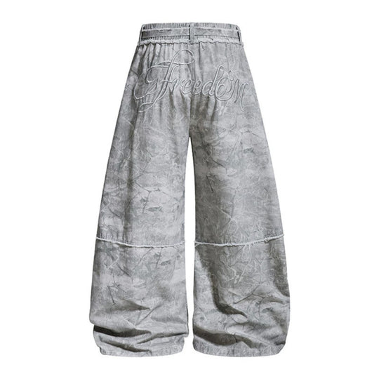 Damen weite Balloon-Jeanshose mit elastischem Bund, langen Zierbändern und Batik-Optik Shop Nory