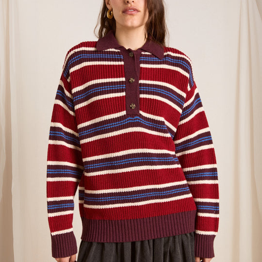 Damen Oversize Strickpullover mit Polokragen & mehrlagigem Streifenrelief Shop Nory