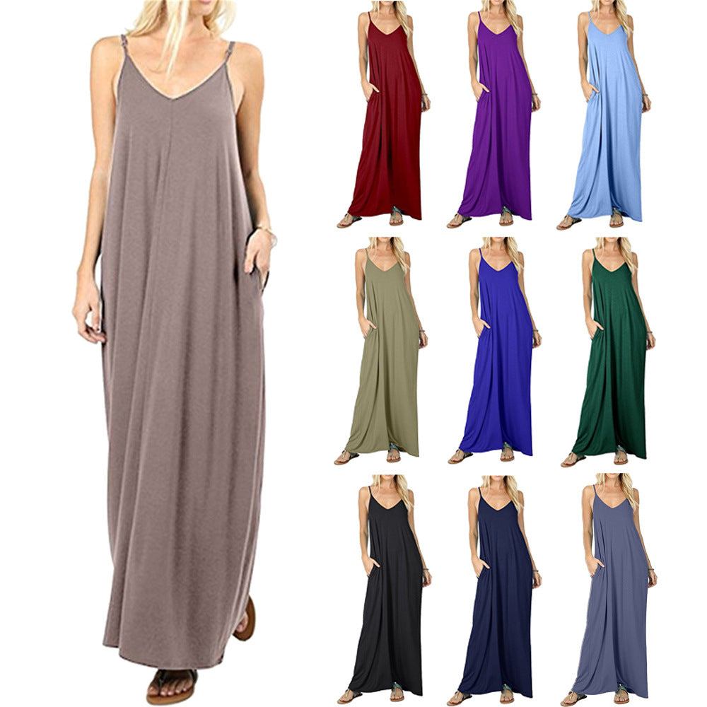 Damen Maxikleid mit verstellbaren Trägern und seitlichen Taschen