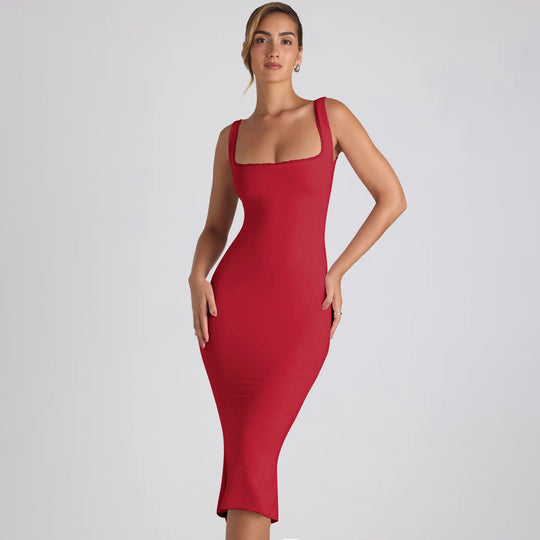 Damen figurbetontes Midikleid mit quadratischem Ausschnitt und Spitzenakzenten