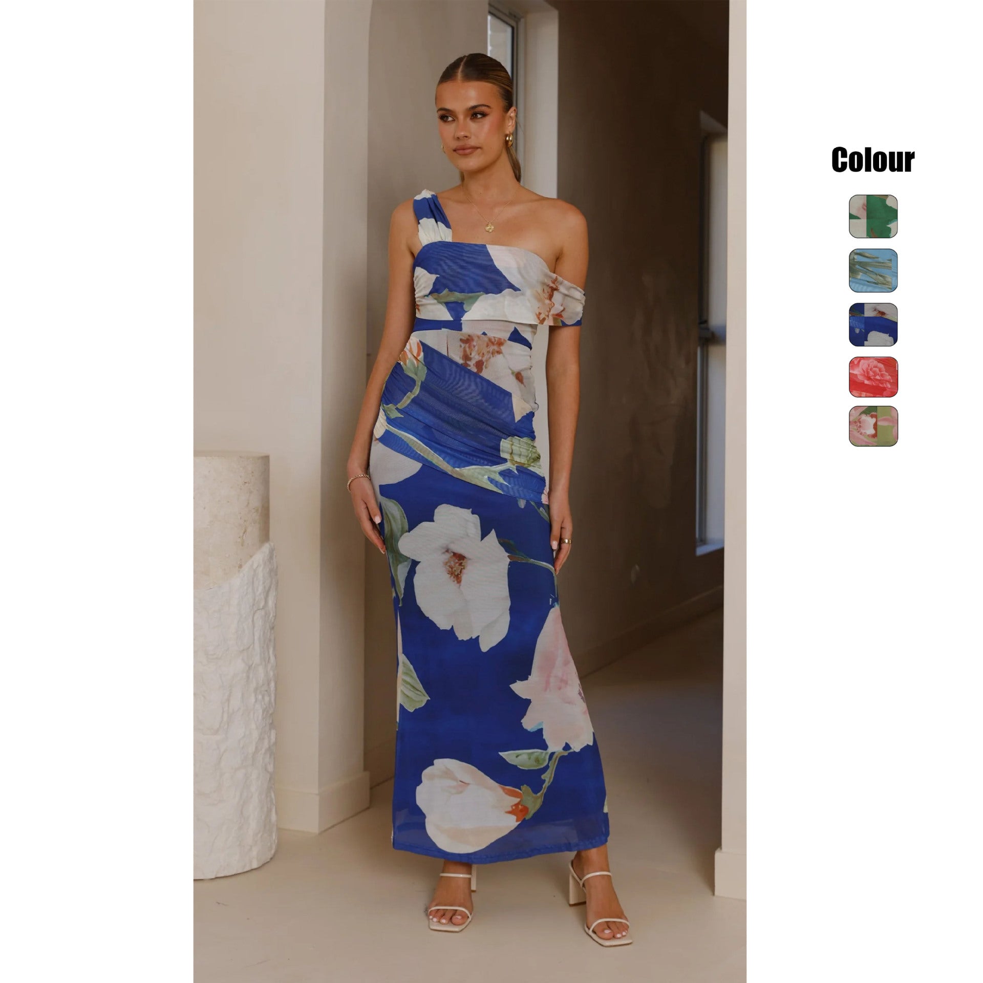 Damen Wickel-Maxikleid mit floralem Muster und elegantem Chiffon-Stoff