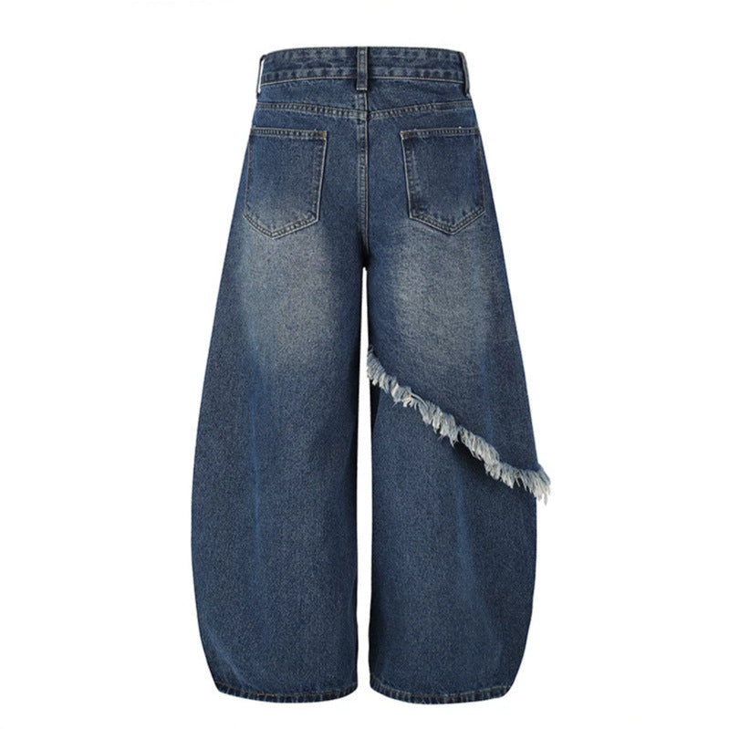 Damen High‑Waist weite Palazzo-Jeans mit asymmetrischem Fransen-Detail und Strassapplikation Shop Nory