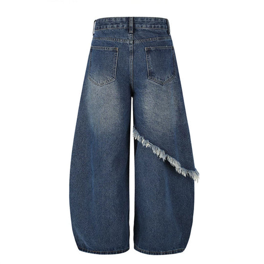 Damen High‑Waist weite Palazzo-Jeans mit asymmetrischem Fransen-Detail und Strassapplikation Shop Nory