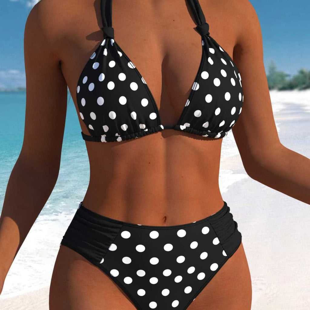 Damen Hochgeschnittener Triangel-Bikini mit punktiertem Design und verstellbaren Trägern