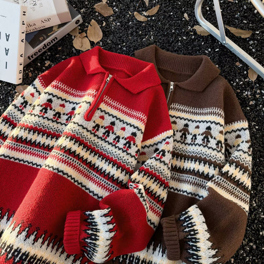 Damen Jacquard-Halbzip-Pullover mit Polokragen und Norweger‑Intarsie Shop Nory