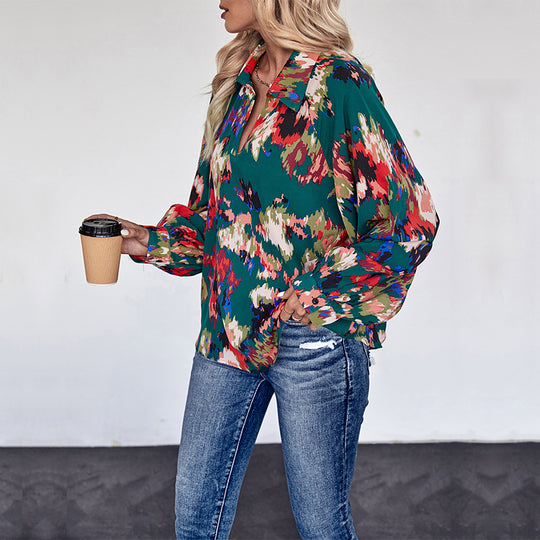 Damen Weites Blusenshirt mit Hemdkragen, abstraktem Print und Ballonärmeln Shop Nory