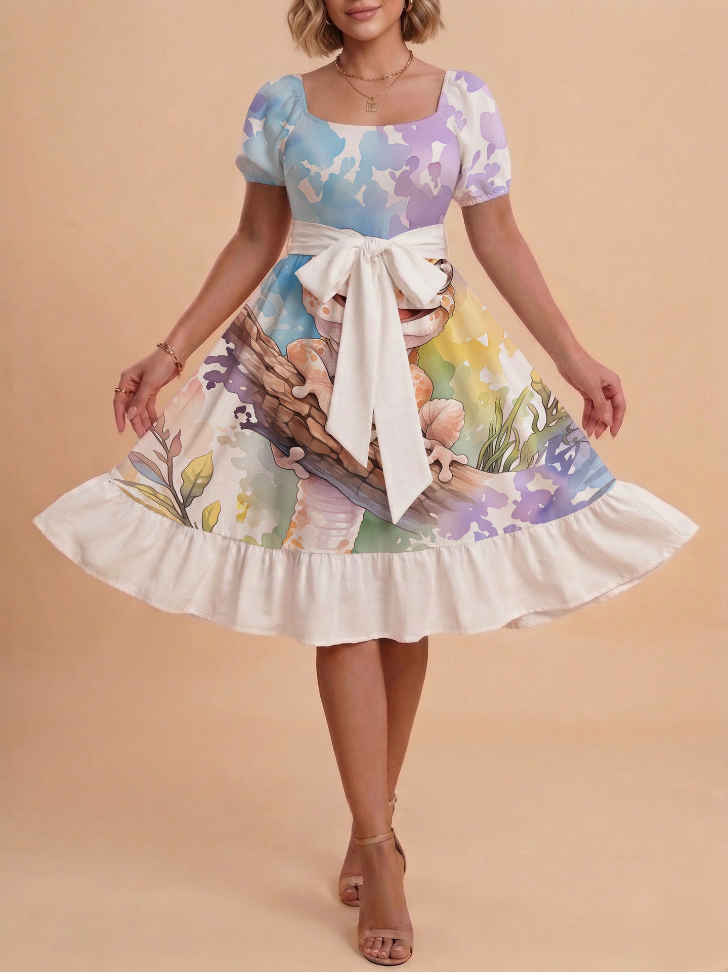 Damen Sommerliches Blumenkleid mit taillierbarem Gürtel und voluminösen Ärmeln