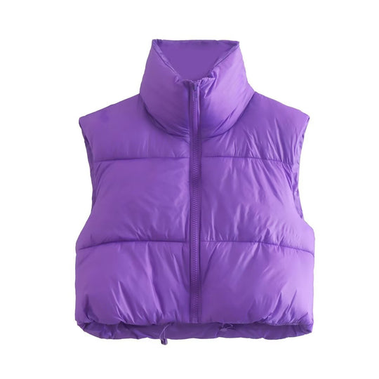 Damen cropped Daunenweste mit hohem Kragen und praktischen Taschen