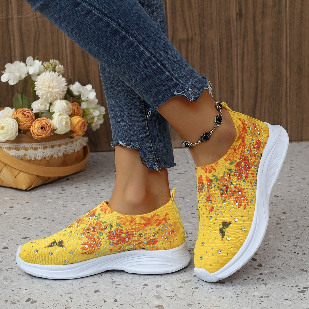 Damen Slip-On Strick-Sneaker mit elastischem Schaft, Blumenprint und Strassbesatz Shop Nory