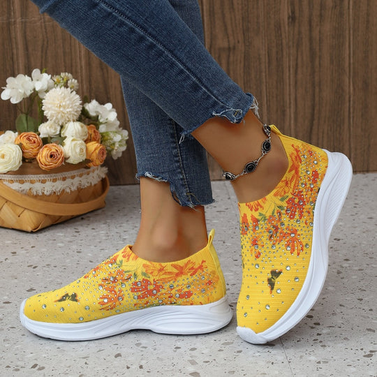 Damen Slip-On Strick-Sneaker mit elastischem Schaft, Blumenprint und Strassbesatz Shop Nory