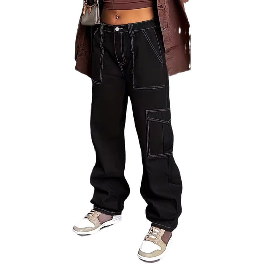 Damen Utility-Cargo-Hose mit weitem Bein, hoher Taille und kontrastierenden Ziernähten Shop Nory