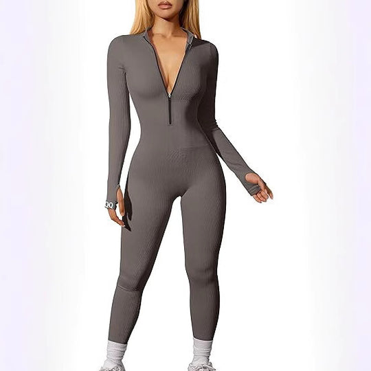 Damen nan figurbetonter Ripp-Jumpsuit mit hohem Halsausschnitt, langem Arm und sculptender Nahtführung Shop Nory