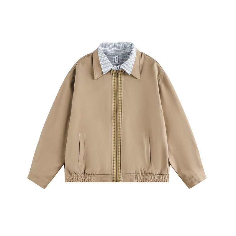 Unisex Boxy-Blousonjacke mit kontrastierender Reißverschlussleiste und kariertem Innenkragen Shop Nory