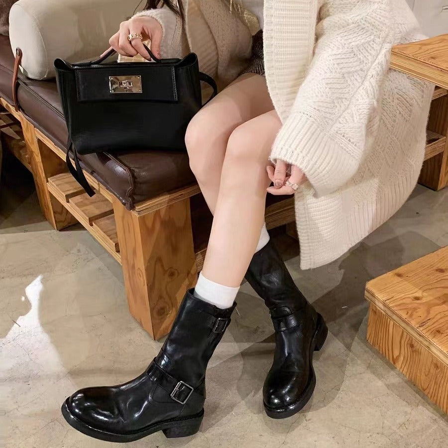 Damen Wadenhohe Biker‑Stiefel aus Glattleder mit Doppelgurt und Rückreißverschluss Shop Nory