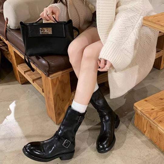 Damen Wadenhohe Biker‑Stiefel aus Glattleder mit Doppelgurt und Rückreißverschluss Shop Nory