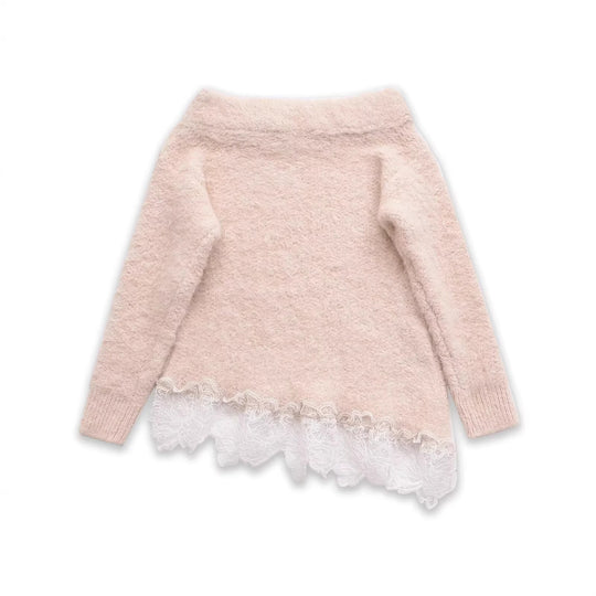 Damen Flauschiger Strickpullover mit Carmenausschnitt und Spitzenbesatz Shop Nory