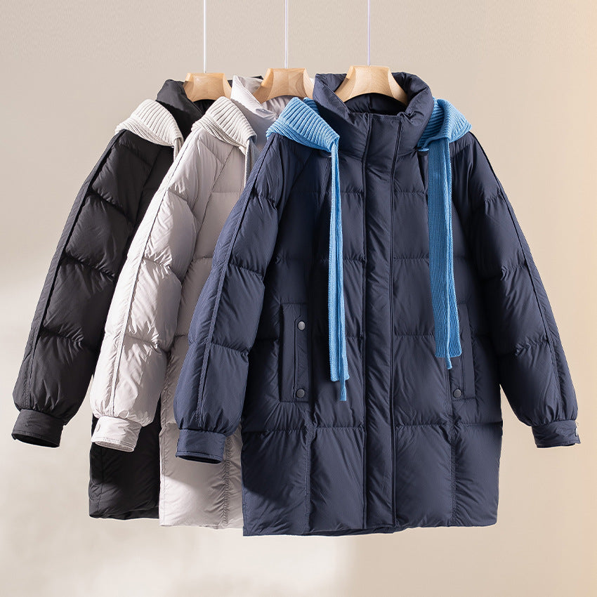 Damen wattierte Steppjacke mit Kapuze Rippkragen weitem Schnitt und Midilänge Shop Nory