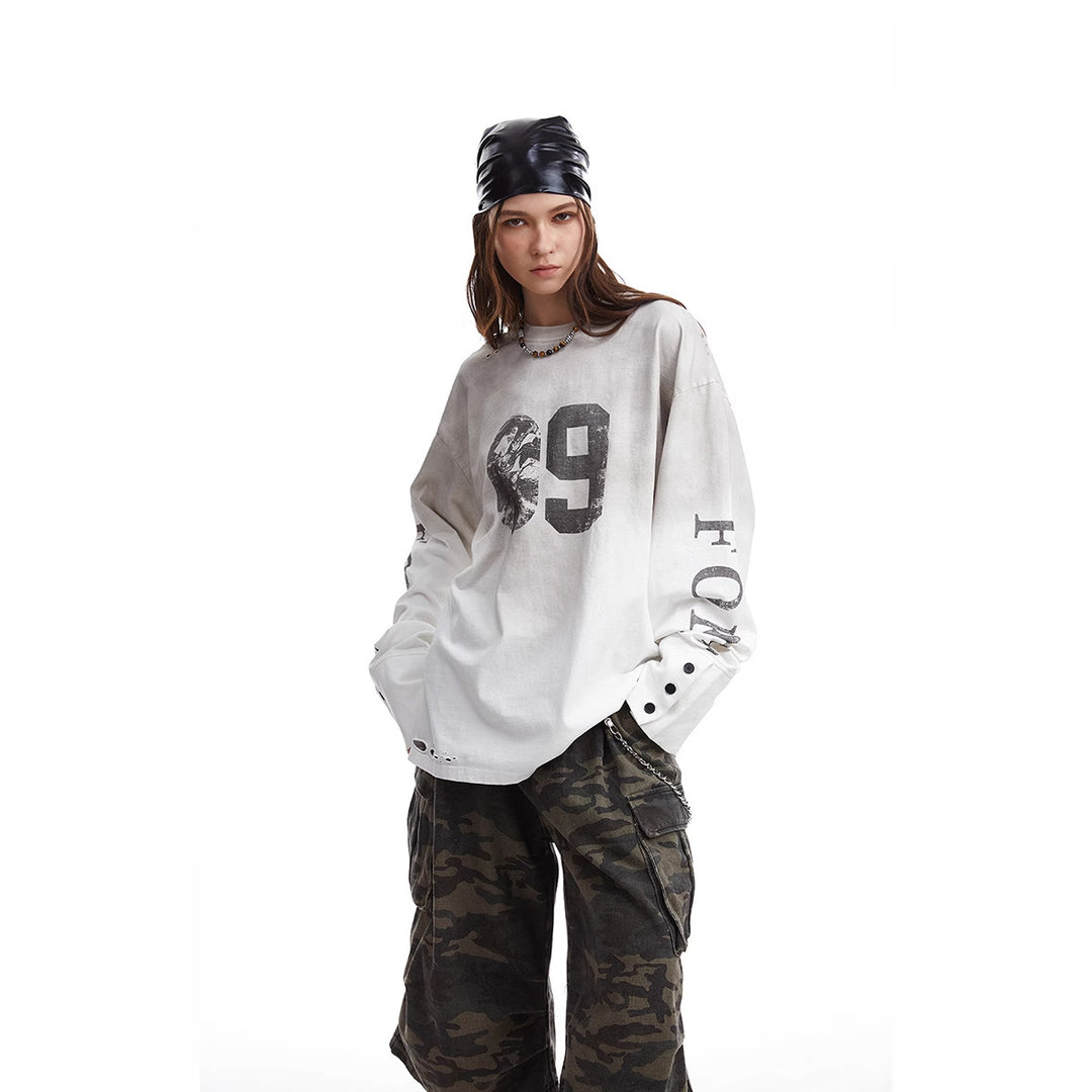 Herren Oversize-Longsleeve-Sweatshirt mit Print, verlängerten Manschetten und Used-Details Shop Nory